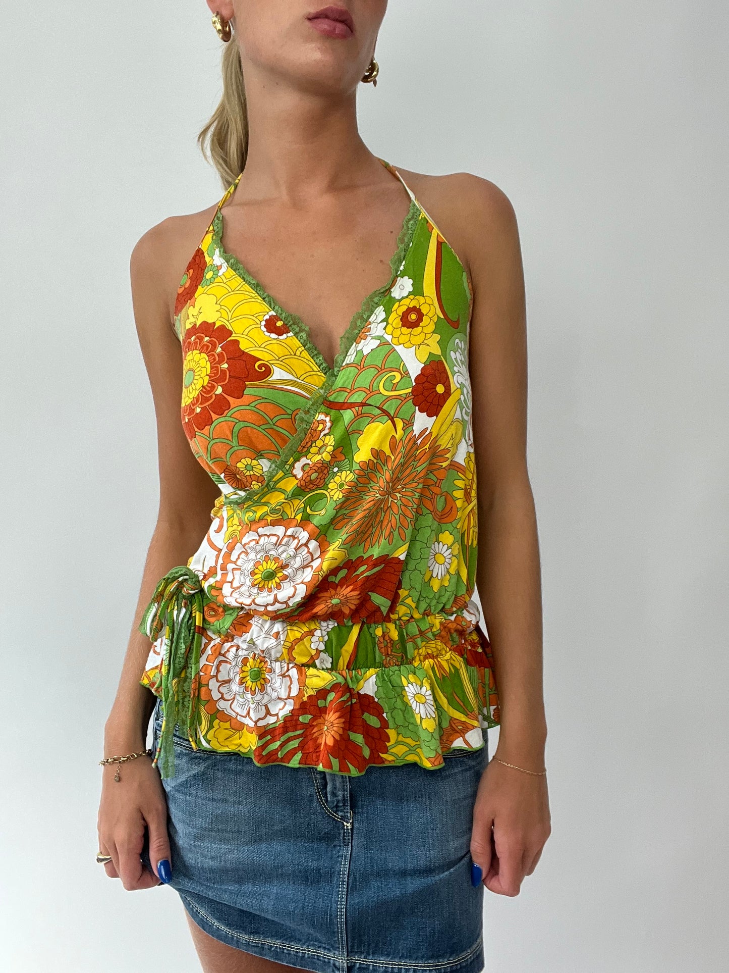 💻 FRUITY DROP | medium halterneck cami with yellow and green floral print