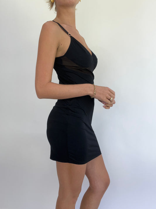 MADELINE ARGY DROP | small black mini dress with sheer panelling