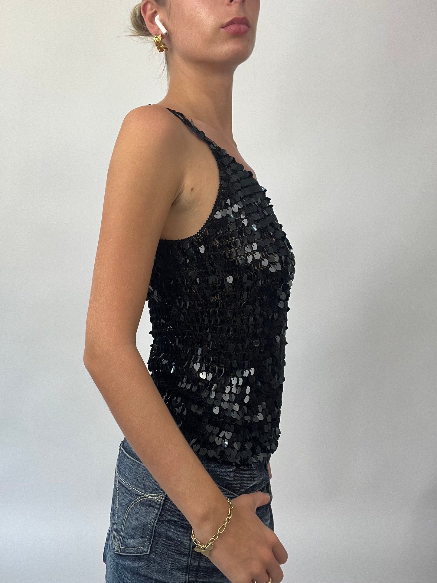 BRAT GIRL SUMMER DROP | small black cami with heart-shaped sequins