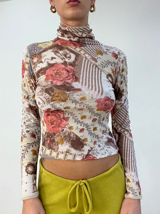 BEST PICKS | small beige floral mesh turtle neck top