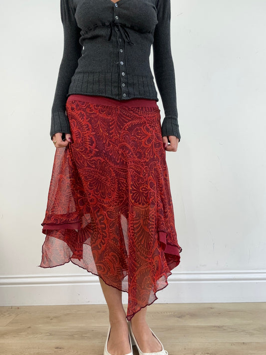 vintage edit thirteen | medium red paisley print midi skirt