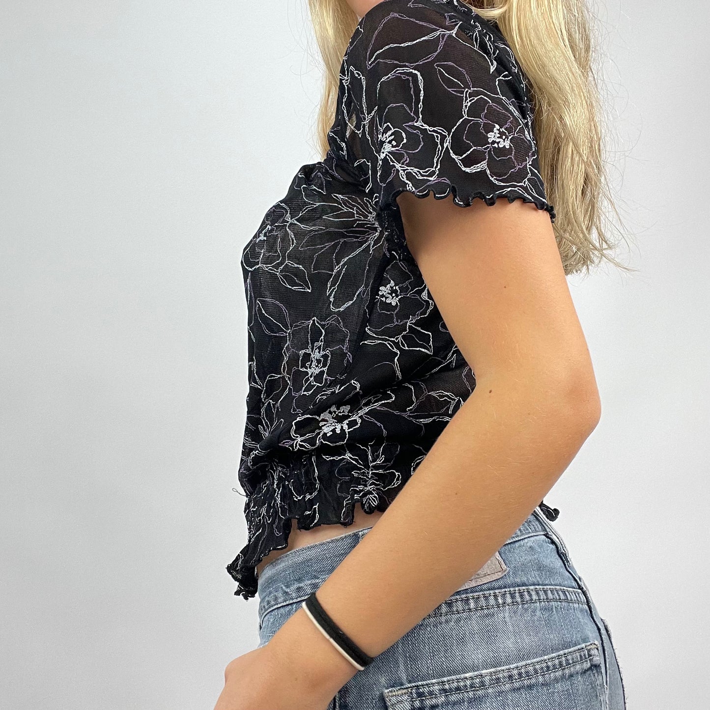 GRUNGE COQUETTE DROP | small black mesh floral t-shirt