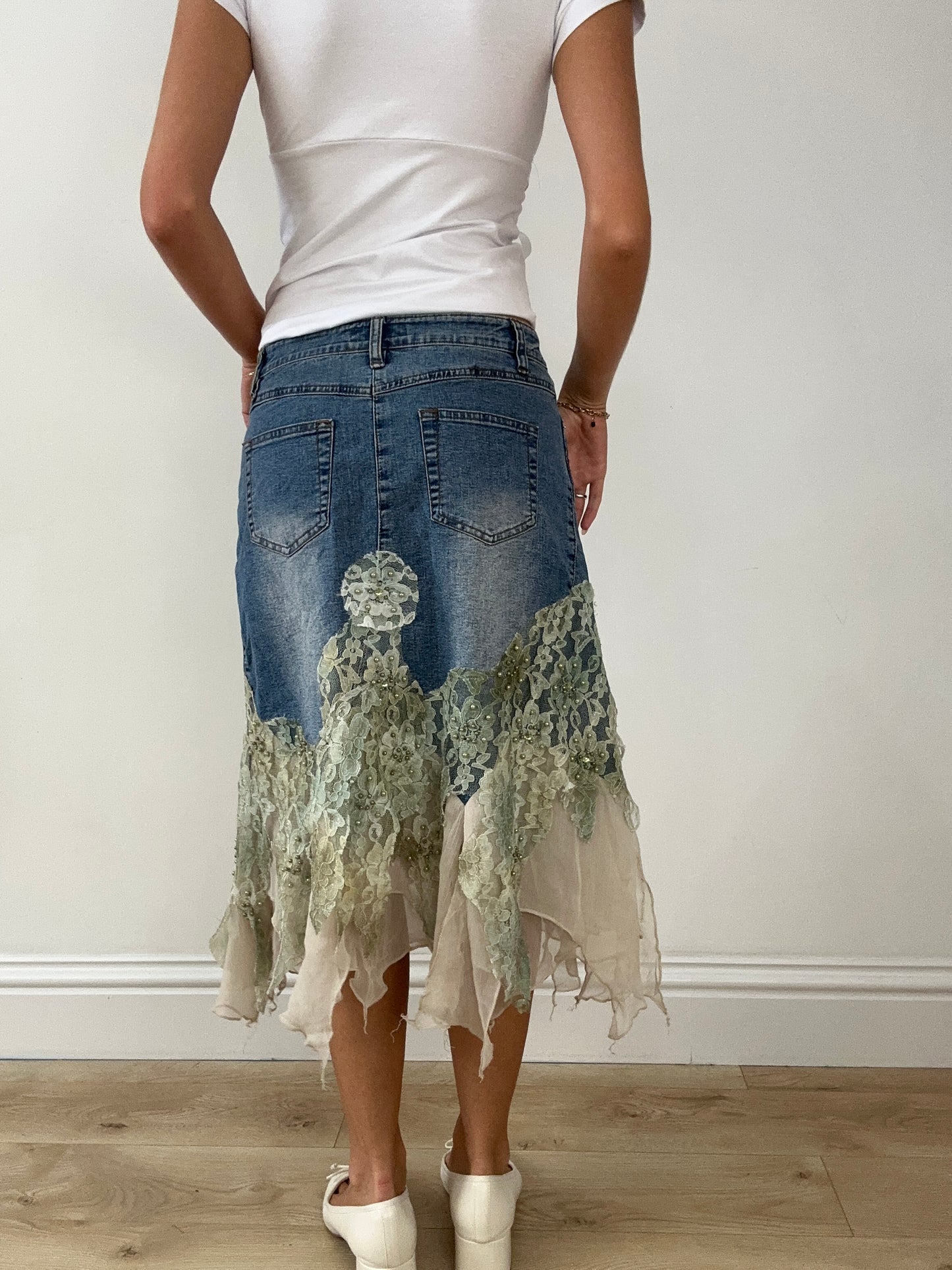 SIRENCORE | denim skirt with khaki mesh and lace detail