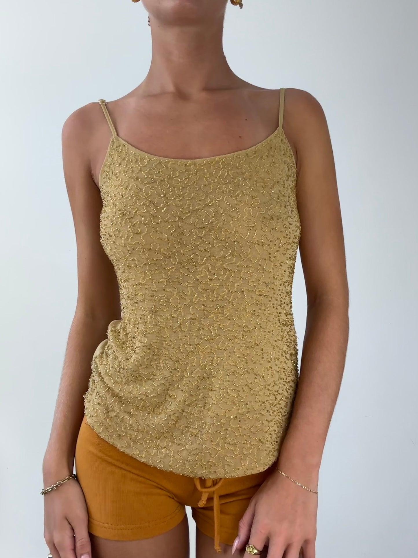 SIRENCORE | medium gold mesh cami with beaded detail