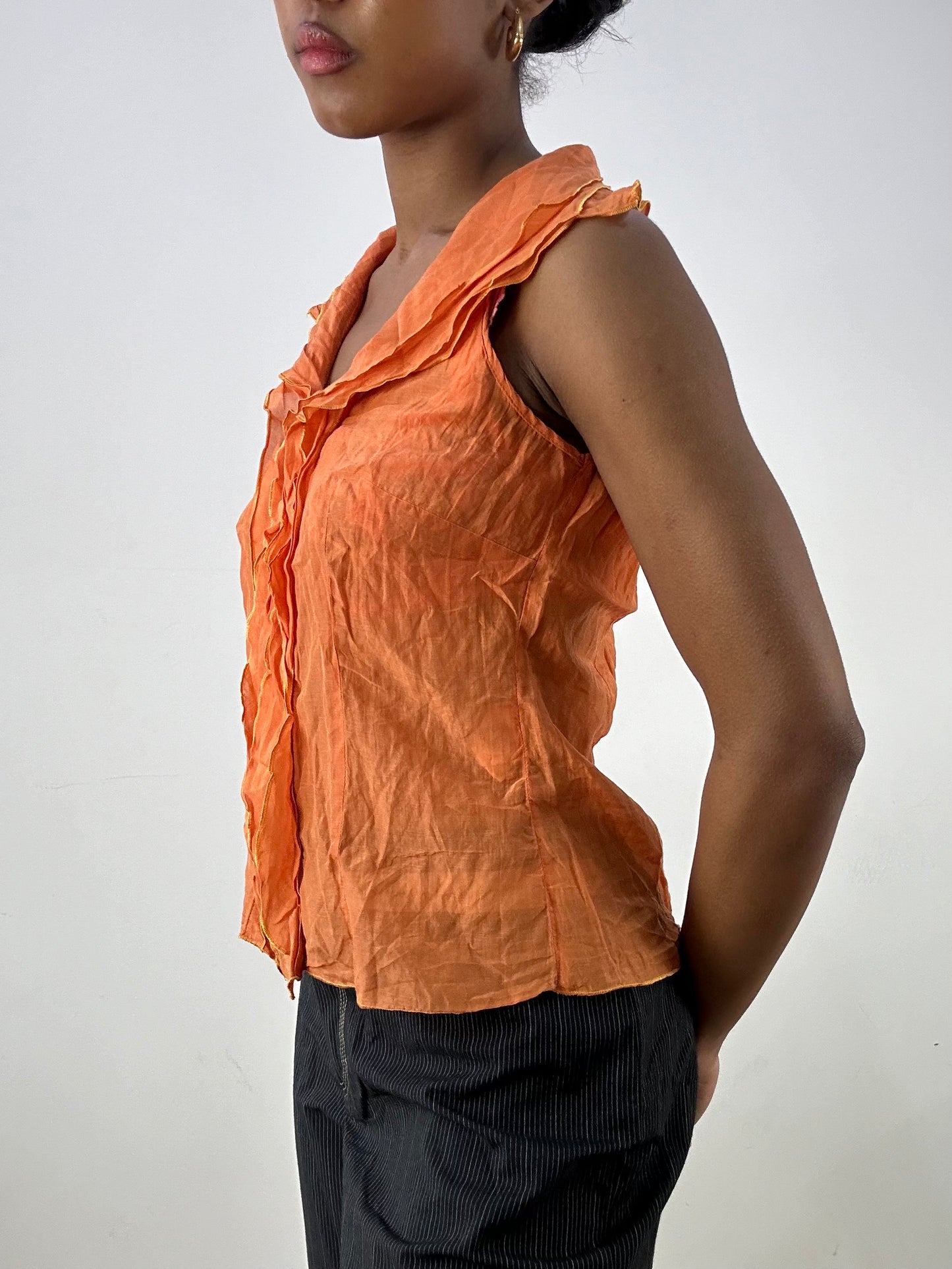 vintage edit: office siren | small orange mesh ruffle top