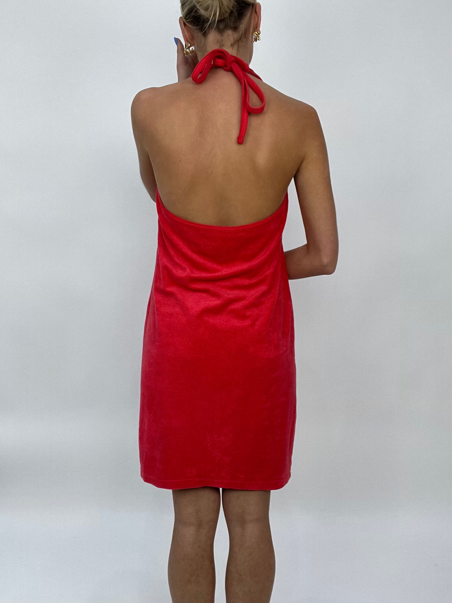 COCONUT GIRL DROP | medium red halterneck dress in towelling material