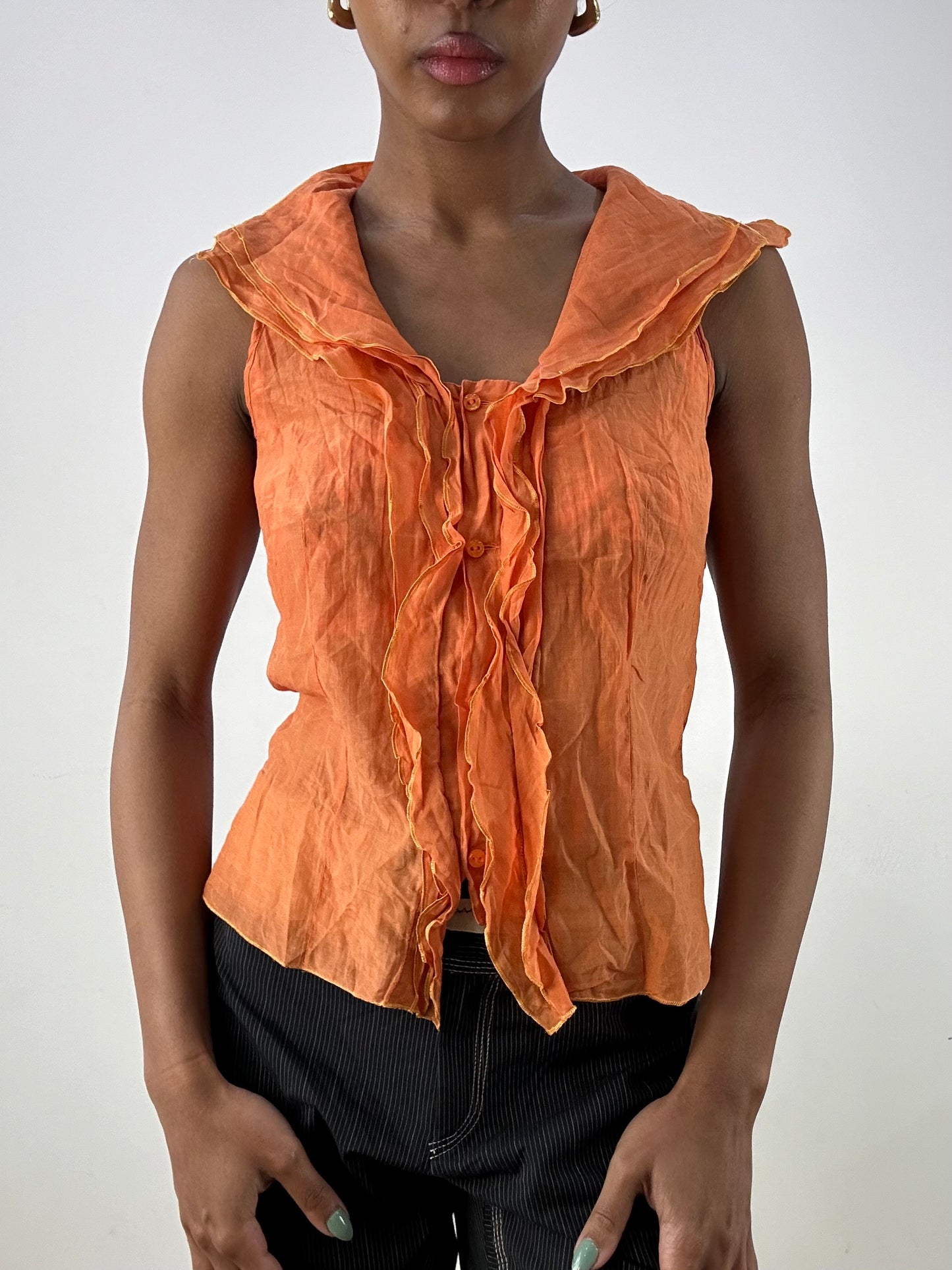 vintage edit: office siren | small orange mesh ruffle top