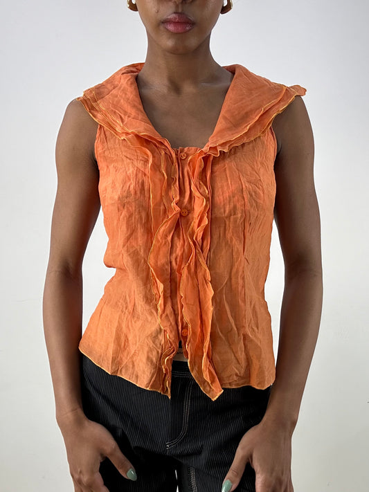 vintage edit: office siren | small orange mesh ruffle top