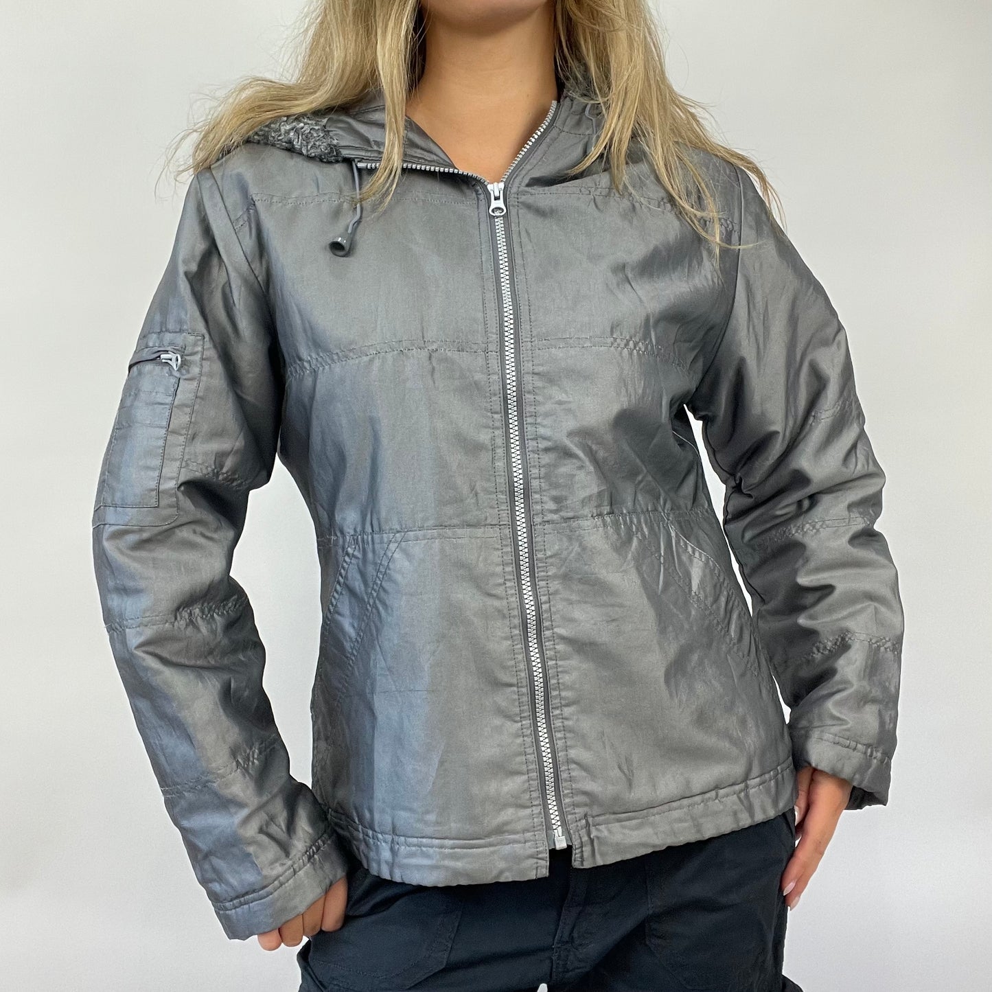 Metallic coat with fur on sale hood