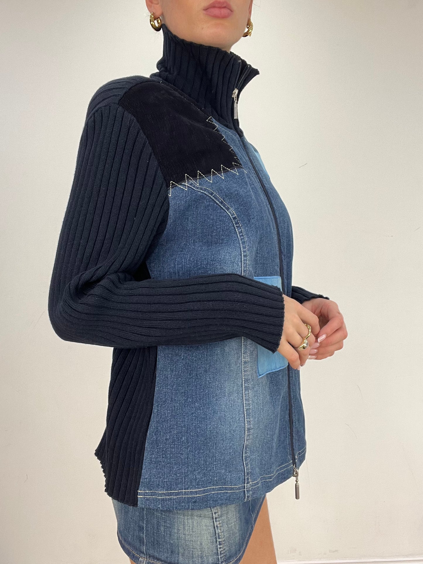 vintage edit five | medium blue denim patchwork dual zip jumper