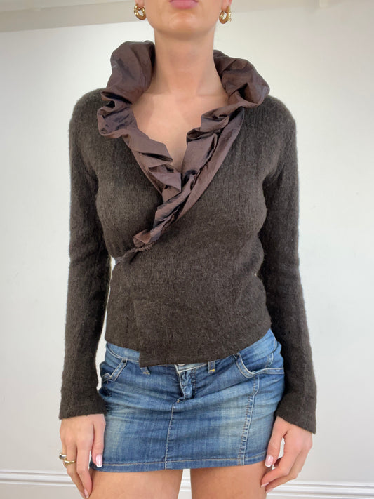 vintage edit four | small brown ruffle wrap cardigan