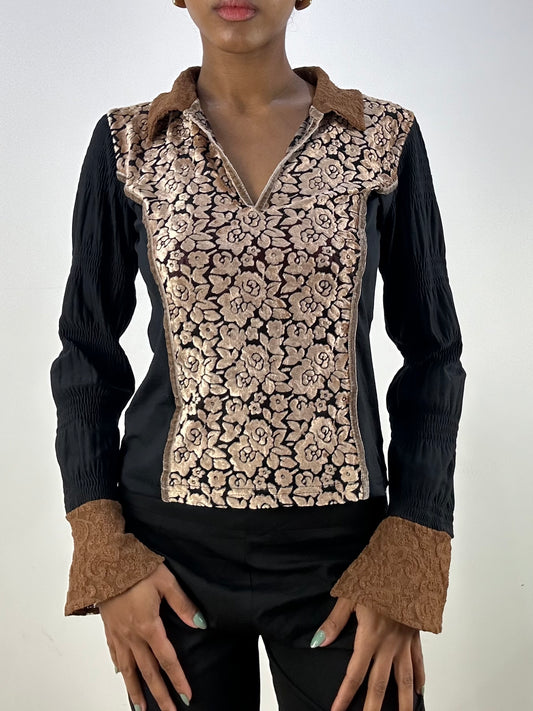 vintage edit: office siren | small brown shirt with floral velvet design