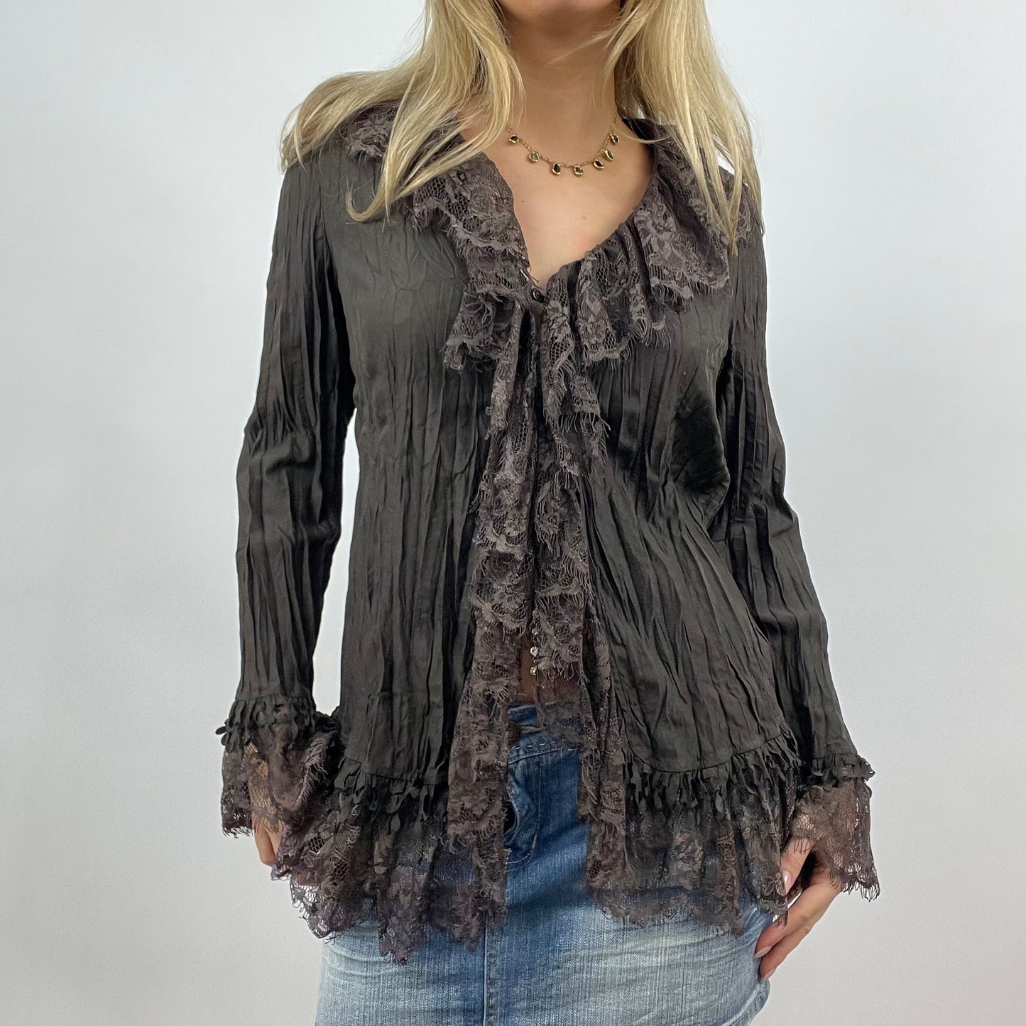 MOB WIFE DROP  medium brown crinkle shirt with lace ruffle detail