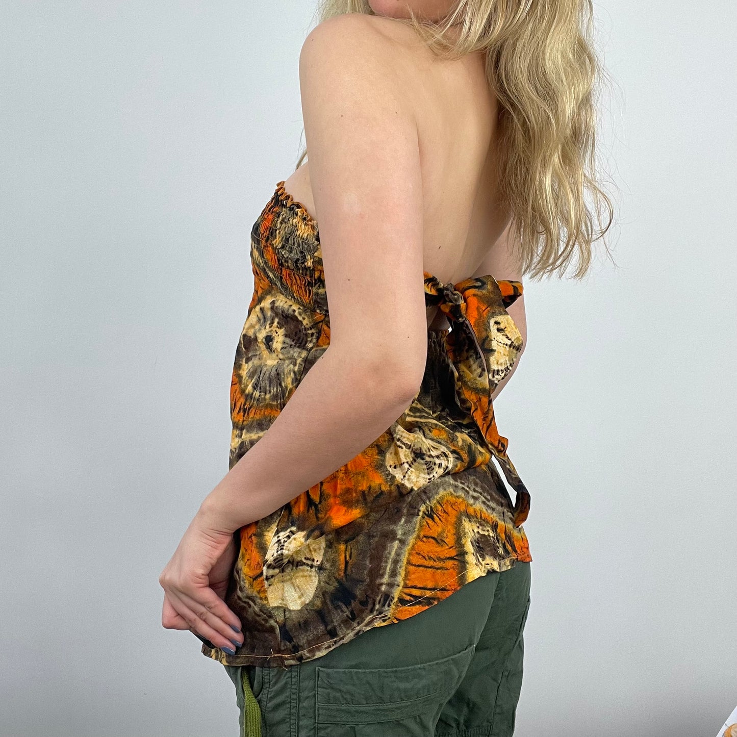 💻 HIPPY CHIC DROP | large backless orange and brown patterned shirred tie back bandeau top