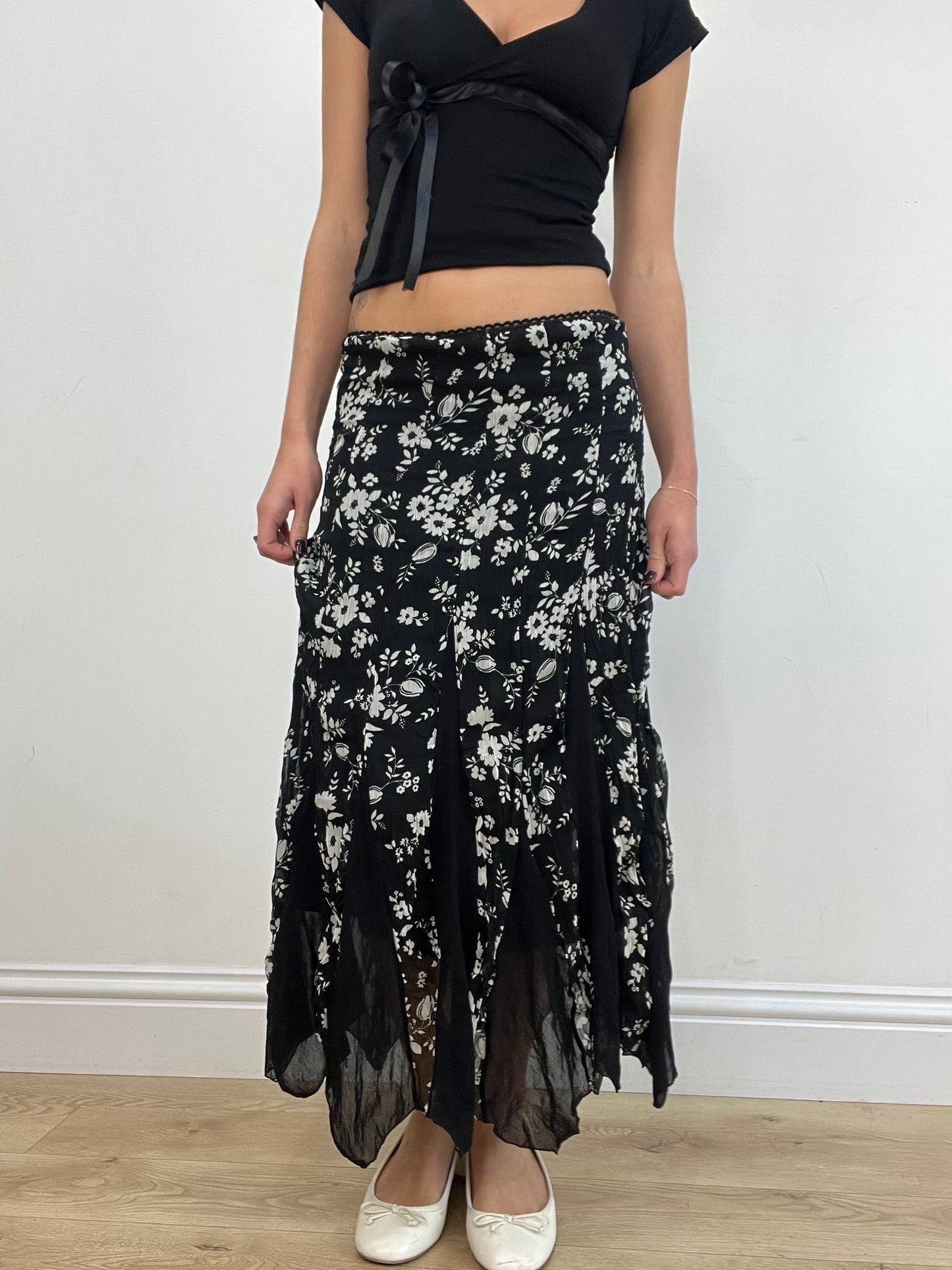 vintage edit one | small black maxi skirt with white flowers