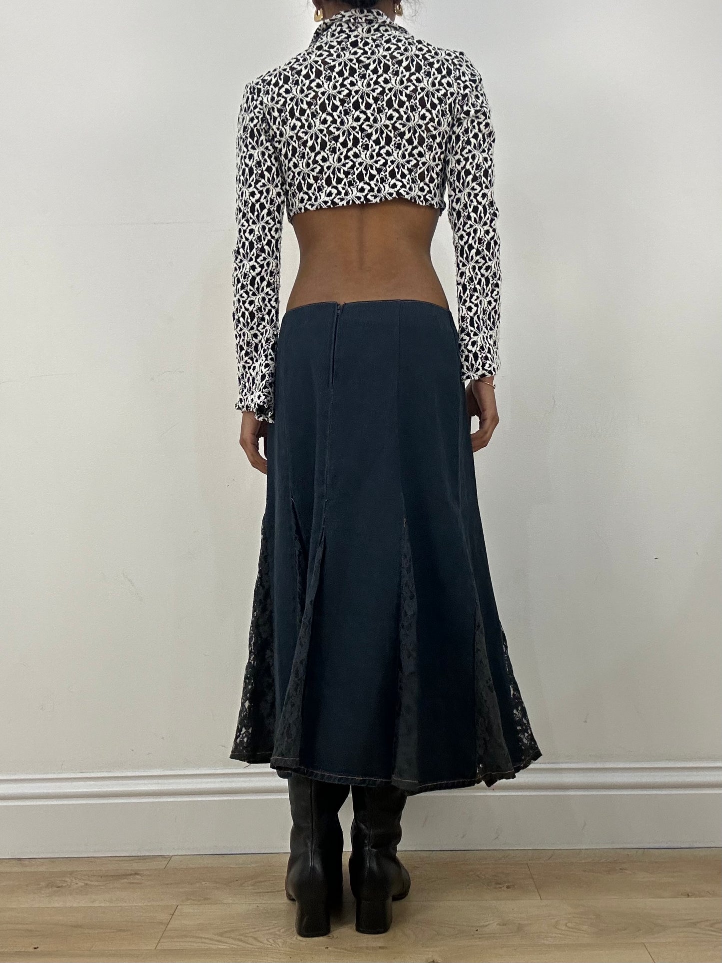 vintage edit: office siren | small blue denim and lace maxi skirt