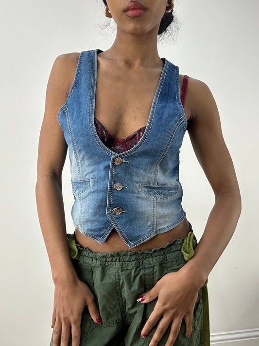 HIPPY CHIC DROP | medium denim waistcoat with back buckle detail