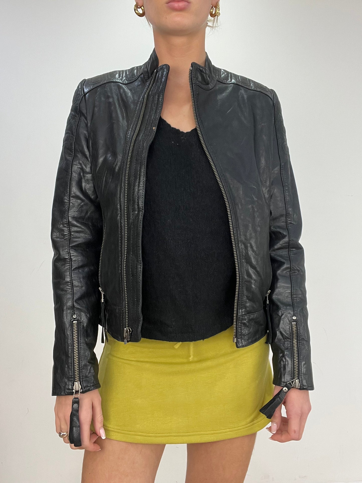 vintage edit five | small black leather zip up biker jacket