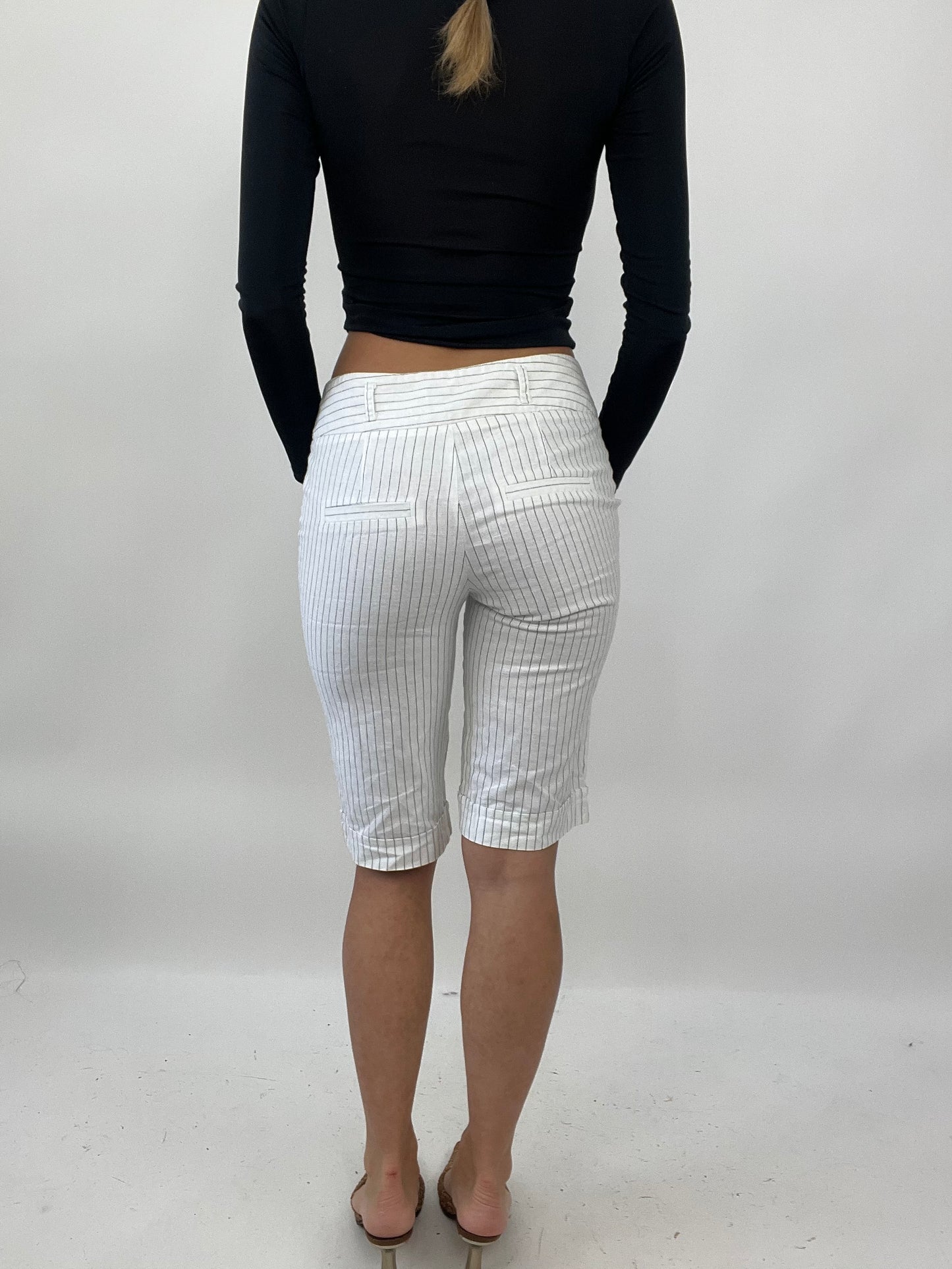 PALM BEACH DROP | small white pinstripe longline shorts