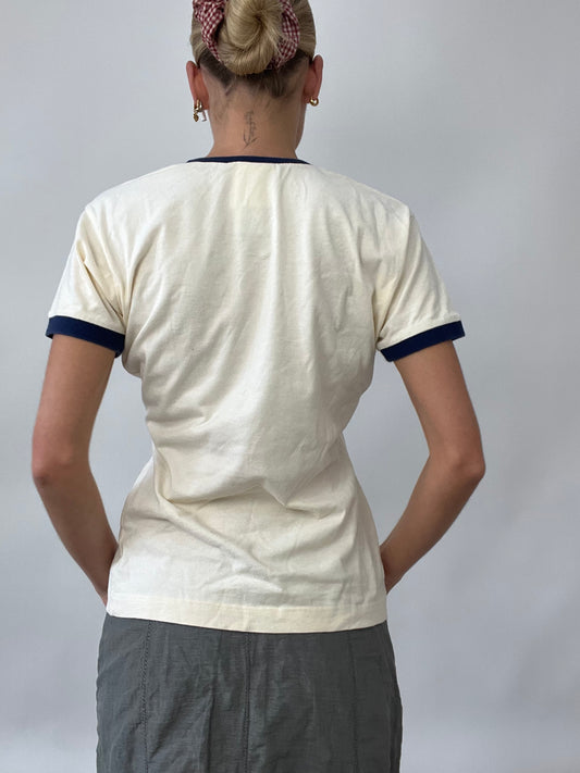 PUB GARDEN DROP | medium white adidas top with navy outline