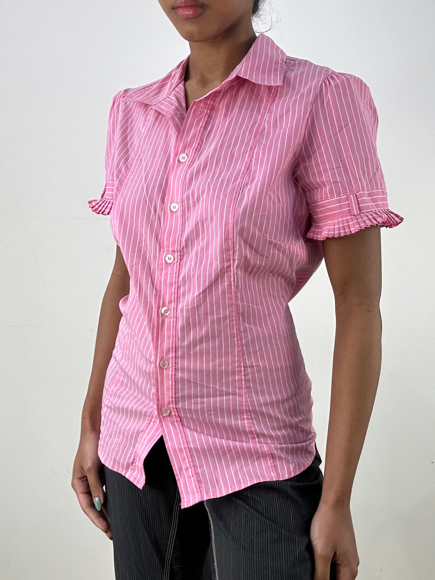 vintage edit: office siren | medium pink striped button up shirt