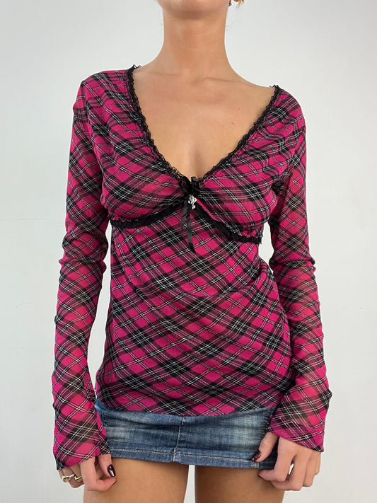 GILMORE GIRLS | medium pink and black checkered mesh long sleeved top