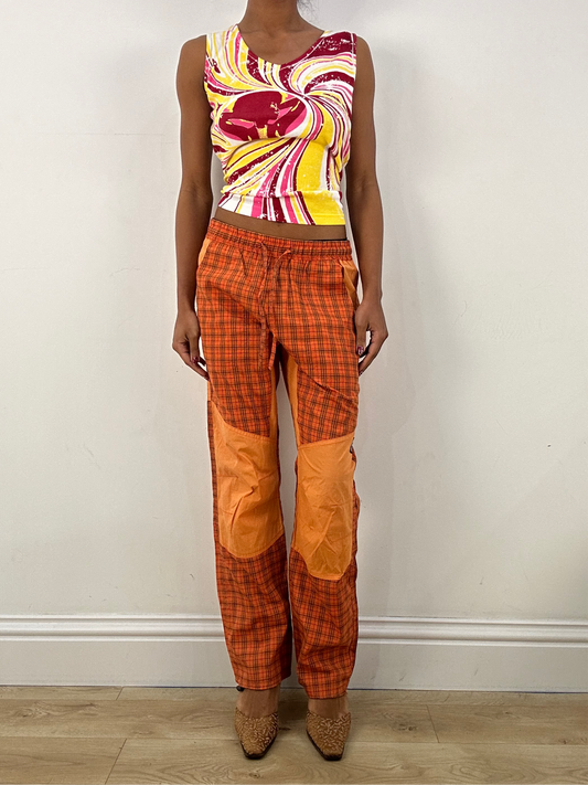 HIPPY CHIC DROP | small orange checked trousers with drawstring detail