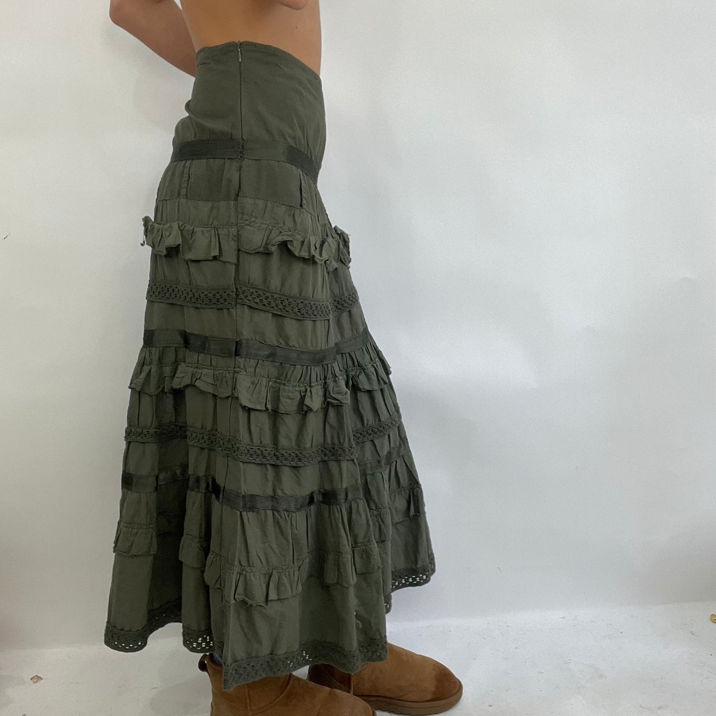 COACHELLA DROP | medium khaki maxi flowy skirt with ruffle detail