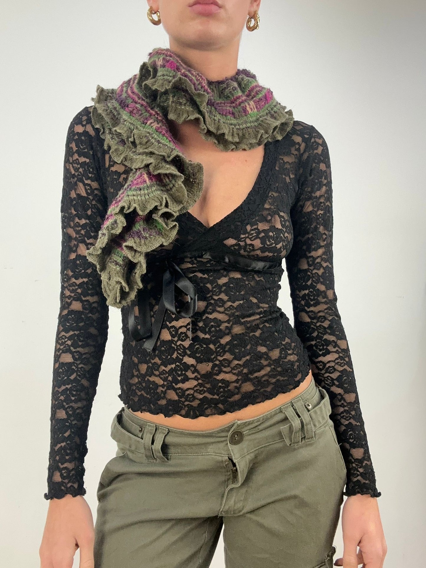 BONFIRE NIGHT | pink and green knitted ruffle scarf