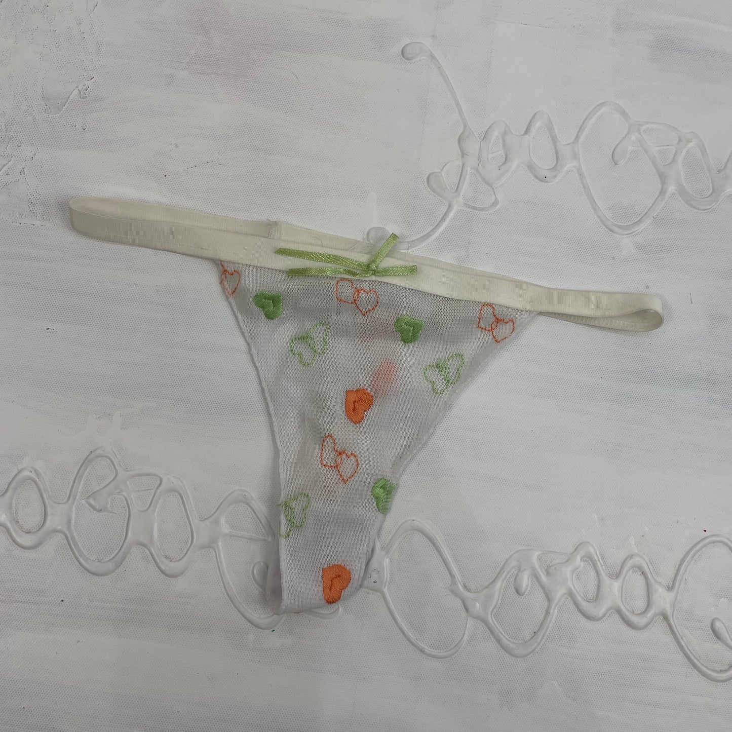 CHALET GIRL DROP | small white heart print mesh thong