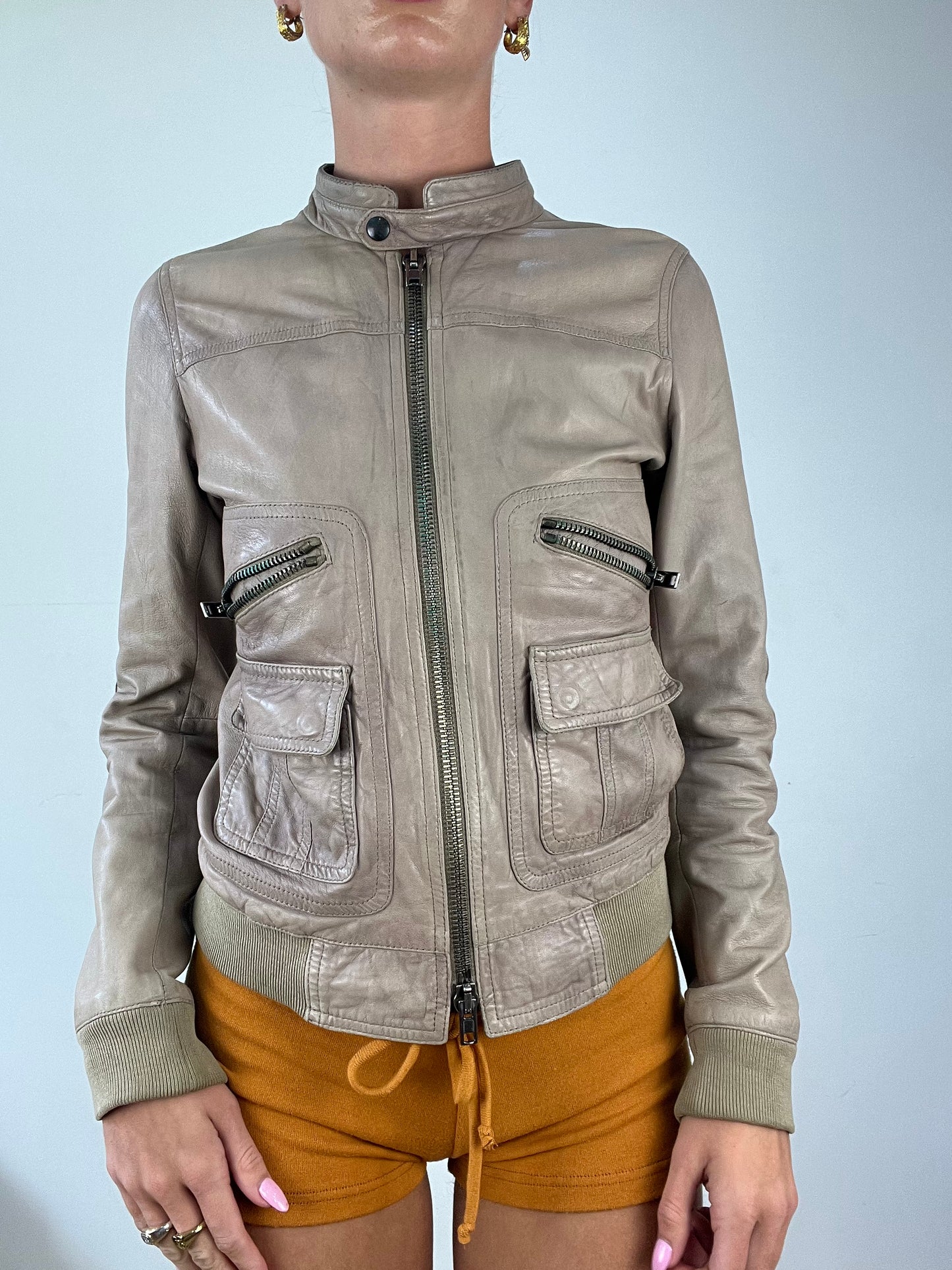 DINNER PARTY | small beige faux leather biker jacket