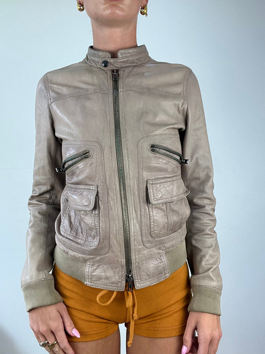 DINNER PARTY | small beige faux leather biker jacket