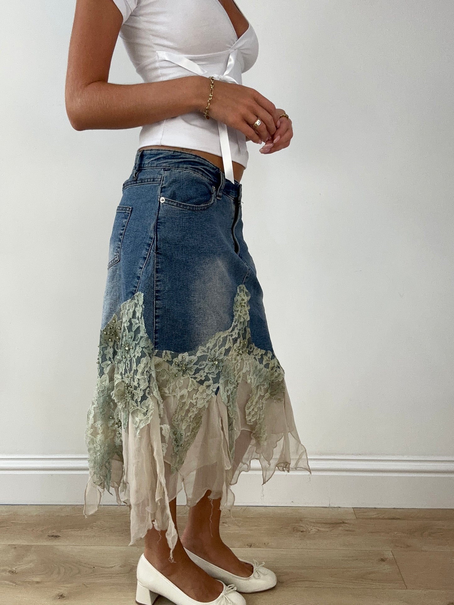 SIRENCORE | denim skirt with khaki mesh and lace detail