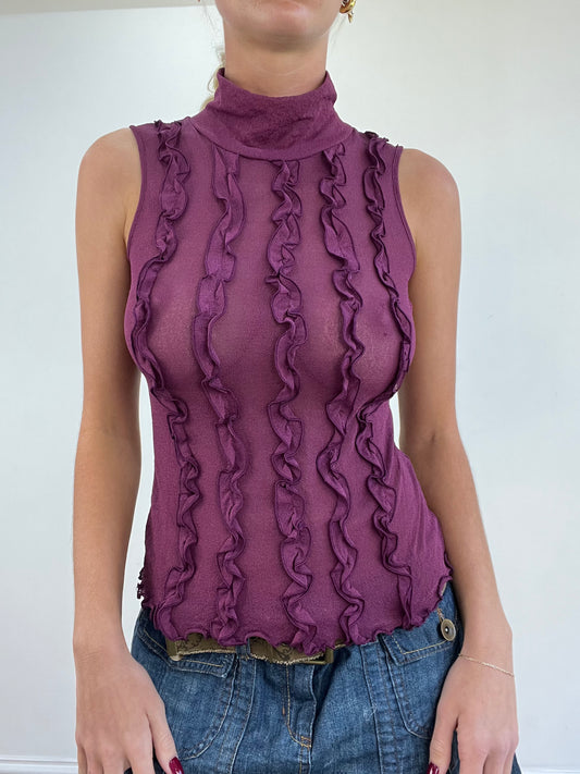 vintage edit thirteen | medium purple semi sheer ruffle roll neck top