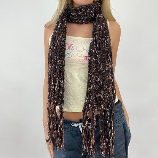 GIRL CORE DROP | brown knit scarf with woven ribbon detail