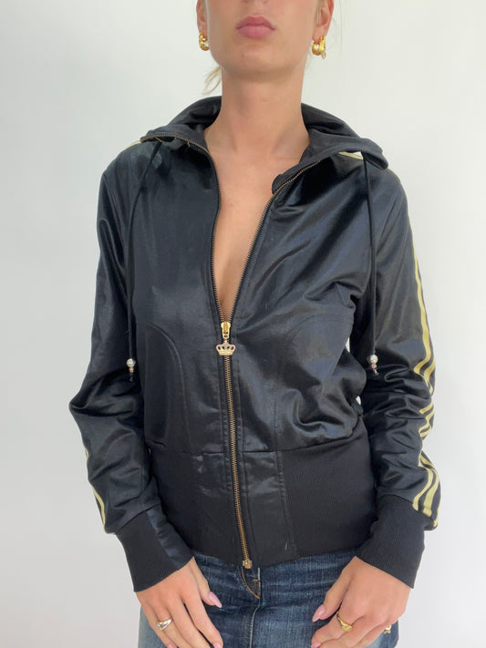 MADELINE ARGY DROP | medium black adidas zip up jacket with gold stripes