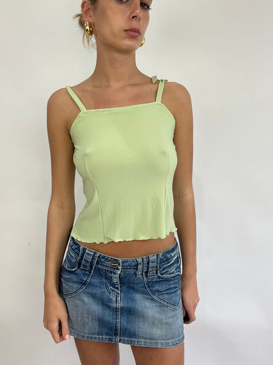 COACHELLA DROP | small green cami with tie up straps and lettuce hem