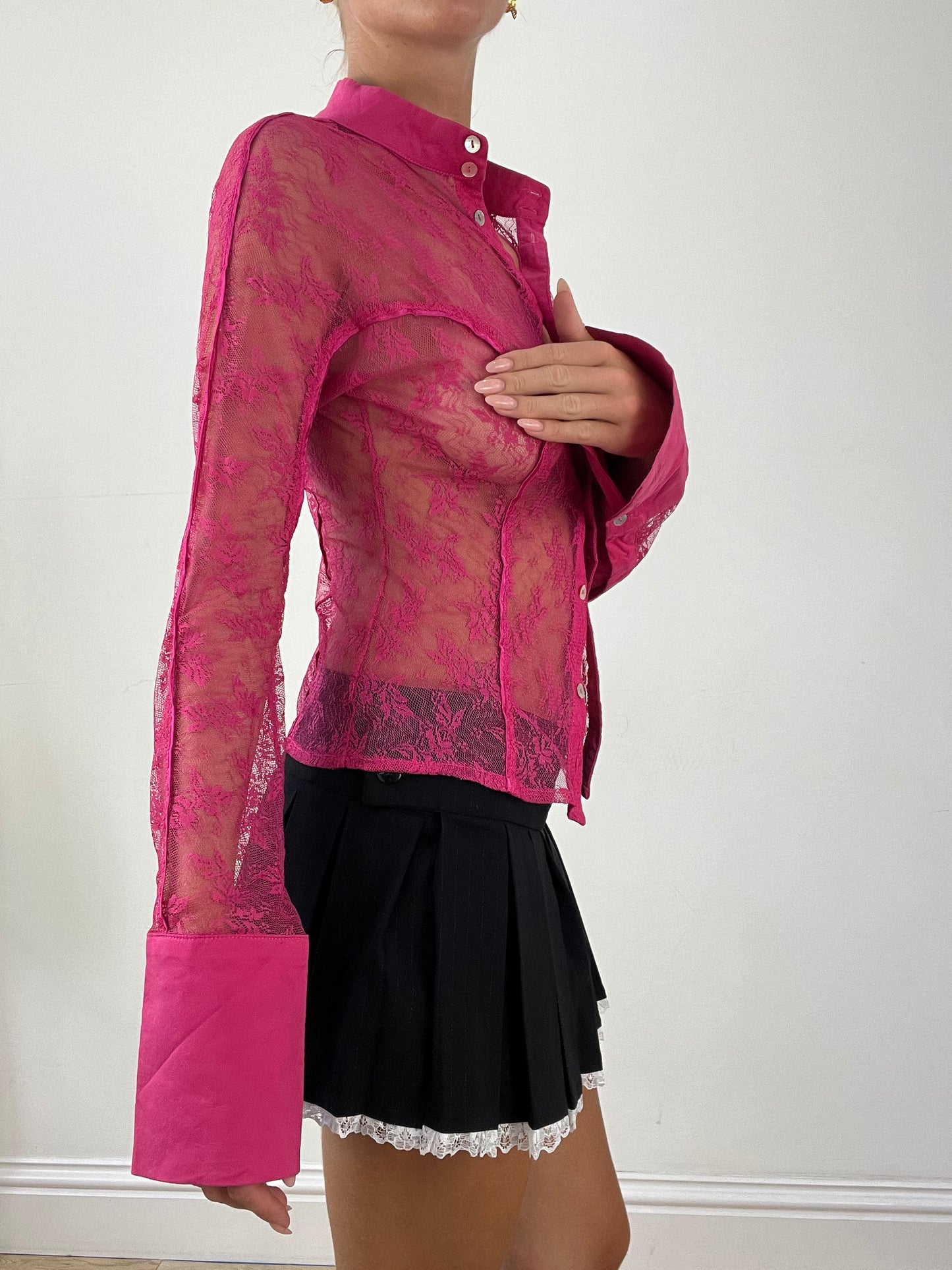 OFFICE GIRLIE | medium pink lace sheer shirt