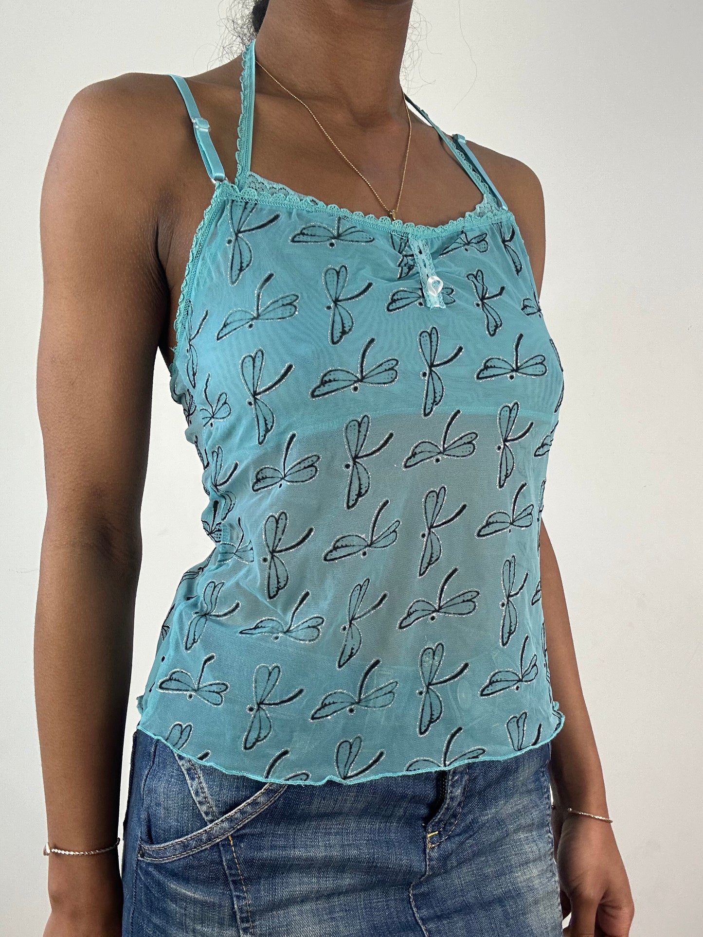 vintage edit: tops | medium blue glittery dragonfly print cami top
