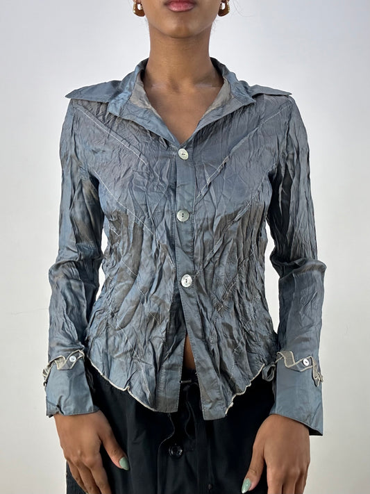 vintage edit: office siren | extra small blue iridescent button up long sleeve shirt