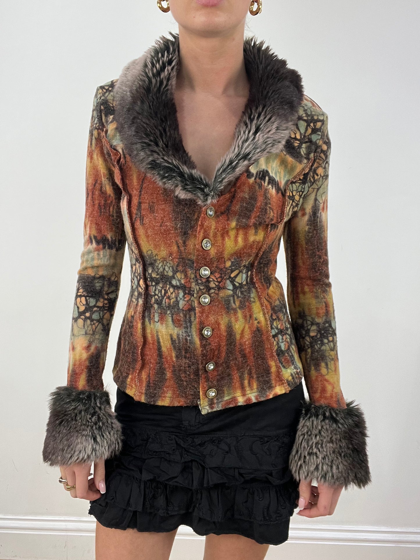 vintage edit seasonal faves | medium orange and brown abstract print cardigan