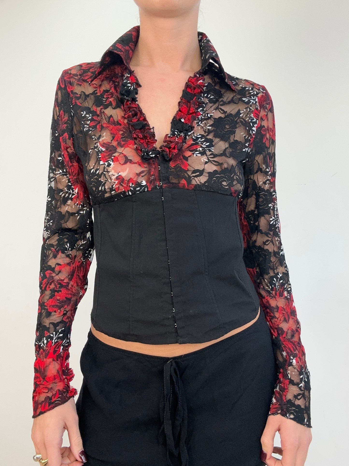 vintage edit one | medium red and black lace corset top