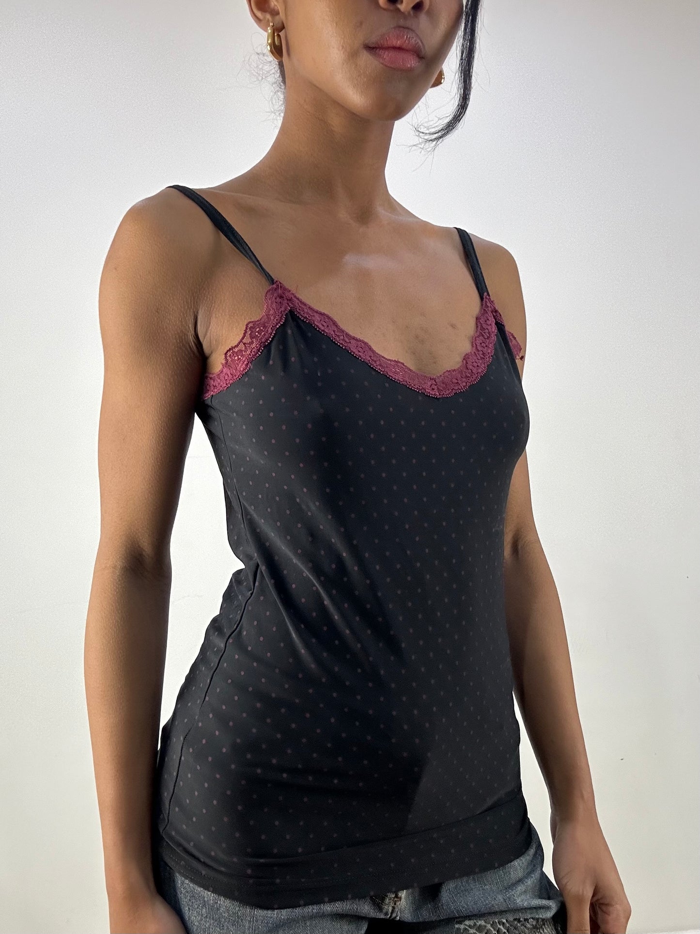 💻MOB WIFE DROP | small black and pink polka dot cami with lace trim