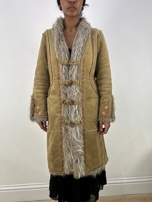 HIPPY CHIC DROP | large tan afghan coat with embroidered arms