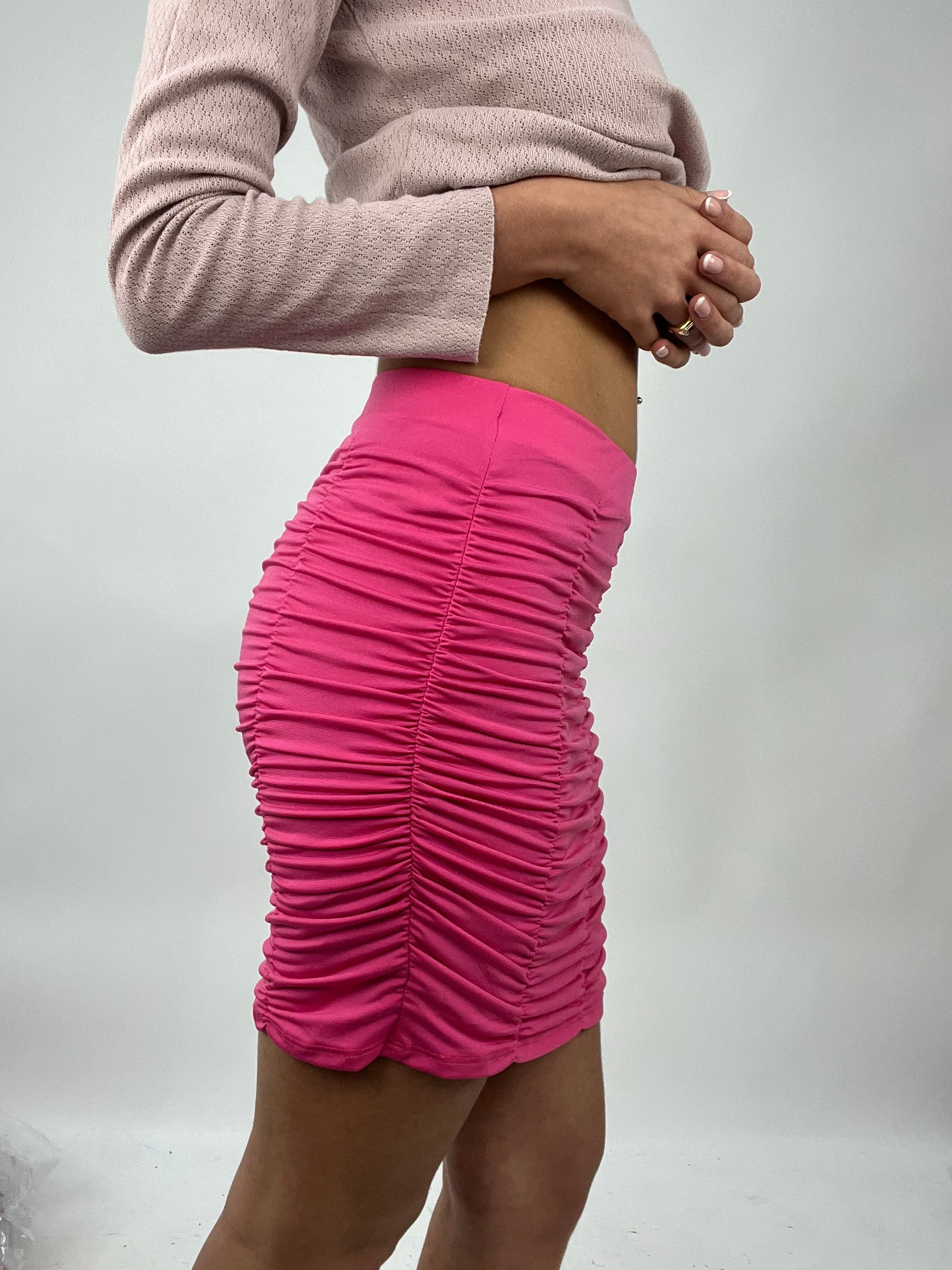 Pink ruched mini skirt hotsell