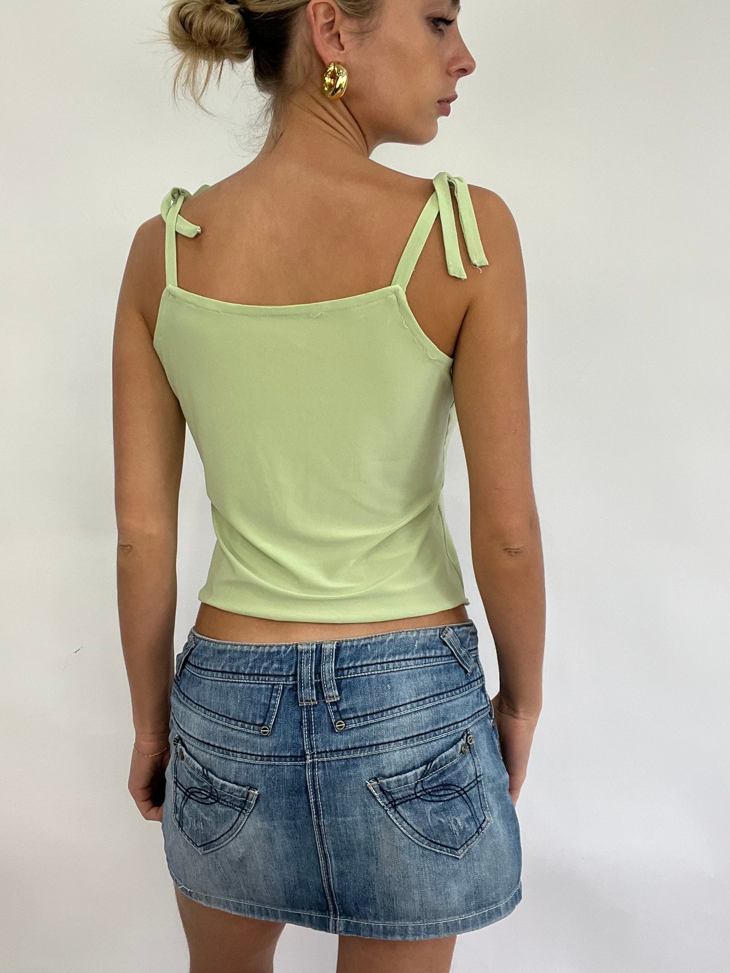 COACHELLA DROP | small green cami with tie up straps and lettuce hem