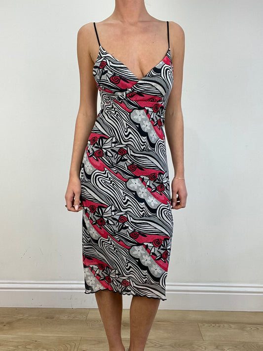 vintage edit: date night | medium black and red swirl abstract print midi dress