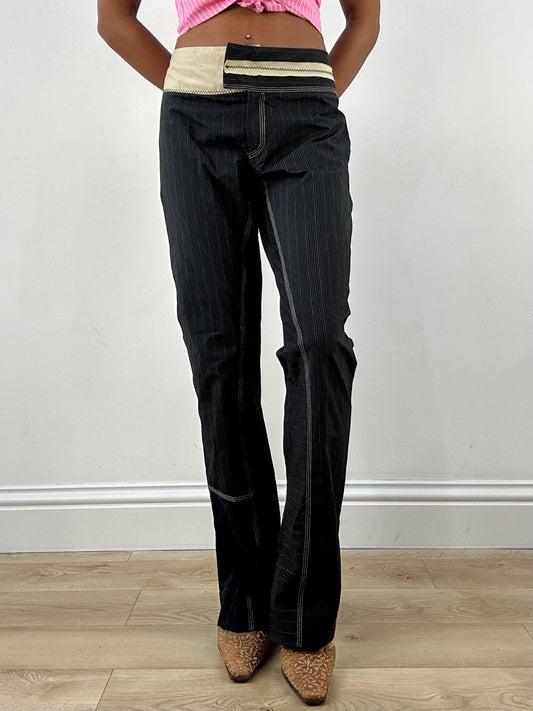 vintage edit: office siren | medium navy and cream pinstripe trousers