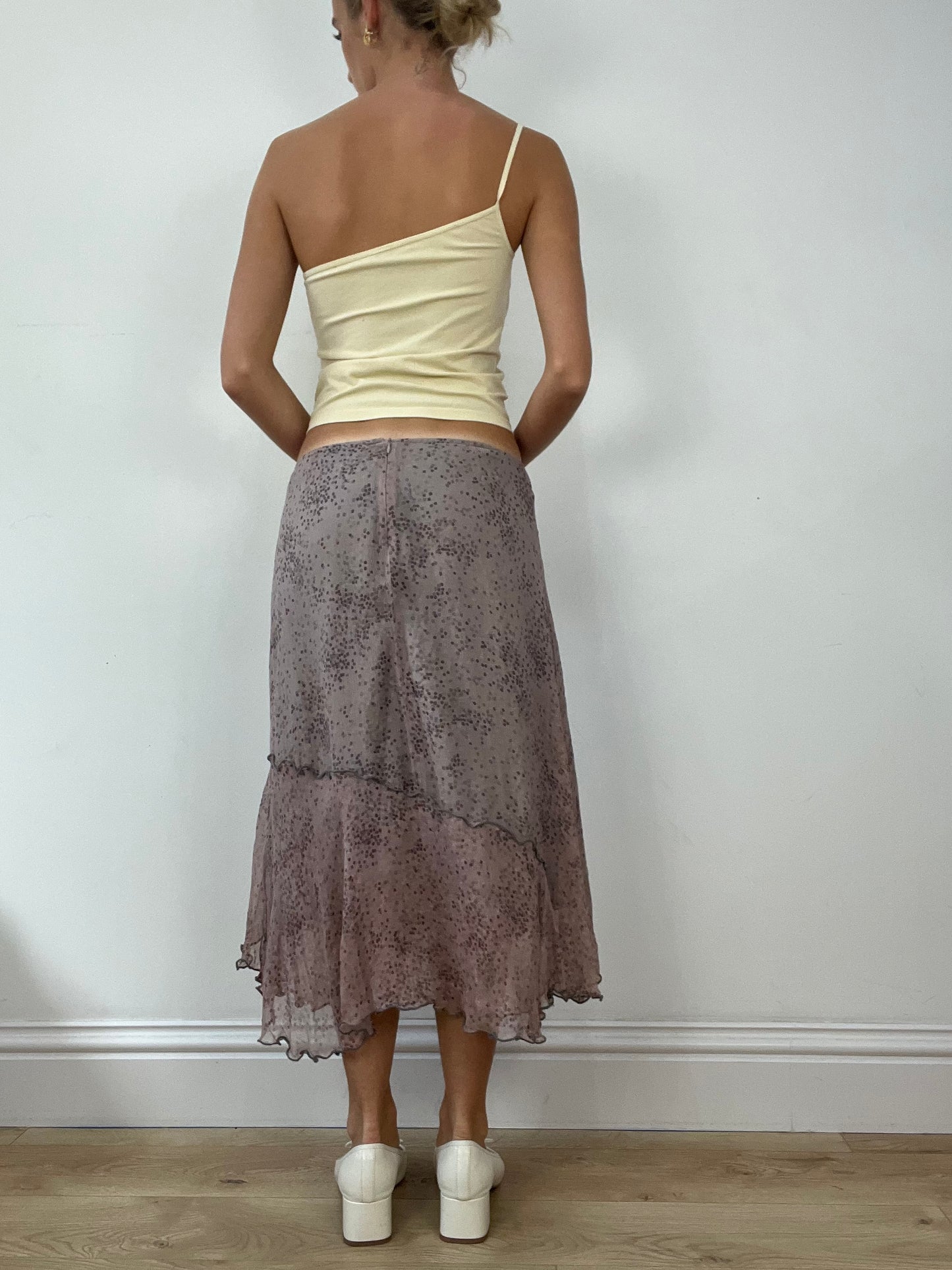 DINNER PARTY | medium lilac polka dot layered maxi skirt