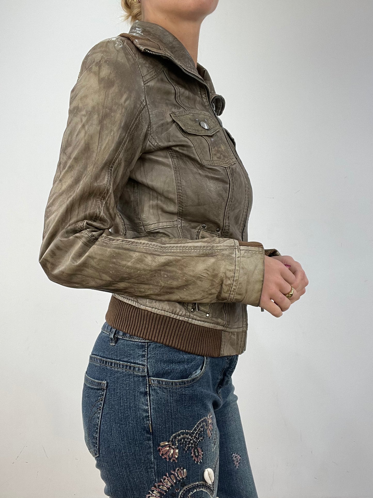 vintage edit twelve | medium grey real leather old bershka biker jacket